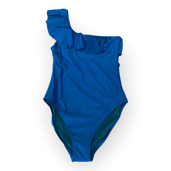 J. Crew Other - J Crew Matte ruffle one-shoulder blue one-piece swimsuit size L NWT